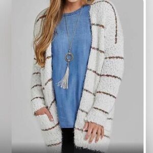 Altar'd State White Striped Eyelash Cardigan Sweater